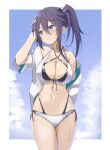  1girl bikini black_hair blue_eyes blue_sky breasts cleavage cloud commentary_request cowboy_shot imura_(shiro_maru) jacket large_breasts layered_bikini long_hair looking_to_the_side multi-strapped_bikini original shiro_maru side-tie_bikini_bottom side_ponytail sky solo standing swimsuit white_bikini white_jacket 