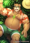  2022 anthro belly bottomwear brown_body bulge clothed clothing eyewear food fruit glasses hat headgear headwear hi_res humanoid_hands lifewonders lying male mammal melon musclegut open_clothing open_shirt open_topwear overweight overweight_male plant primodrago shirt shorts solo straw_hat tokyo_afterschool_summoners topwear ursid video_games volos watermelon 