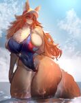  2022 absurd_res anthro big_breasts breasts canid canine chest_tuft clothed clothing female female_anthro fluffy fox fur hair hi_res kemono looking_at_viewer mammal multicolored_body multicolored_fur one-piece_swimsuit portrait solo swimwear three-quarter_portrait tight_clothing tuft utterangle 