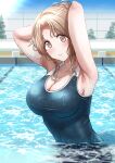  1girl armpits arms_up bangs blue_one-piece_swimsuit blush breasts chain-link_fence cleavage fence hair_bun highres ichikawa_hinana idolmaster idolmaster_shiny_colors light_brown_hair looking_at_viewer medium_breasts one-piece_swimsuit outdoors parted_bangs partially_submerged pool ruto_mi single_hair_bun solo swimsuit upper_body water_drop 