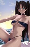  1girl absurdres aqua_eyes arm_support bikini choker cloud collarbone fate_(series) highres kurozawa_yui long_hair looking_at_viewer navel o-ring o-ring_bikini o-ring_bottom o-ring_panties outdoors panties parted_lips sky solo swimsuit tohsaka_rin underwear 