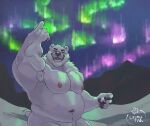  2022 anthro armpit_hair aurora_borealis belly body_hair cosmictail detailed_background eyes_closed hi_res humanoid_hands male mammal musclegut navel nipples outside overweight overweight_male polar_bear solo ursid ursine white_body 