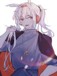  1boy bai_xiao bishounen grey_hair hand_in_own_hair headphones highres kunsile29951 lens_flare looking_at_viewer male_focus pointy_hair ponytail sky:_children_of_the_light solo tongue tongue_out white_hair 