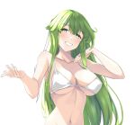  1girl bangs bare_arms bare_shoulders bikini blush breasts chuu_(rinet) collarbone commentary_request fire_emblem fire_emblem:_shadow_dragon_and_the_blade_of_light green_eyes green_hair grin hands_up highres jewelry large_breasts long_hair looking_at_viewer navel palla_(fire_emblem) ring simple_background smile solo stomach swimsuit upper_body very_long_hair white_background white_bikini 