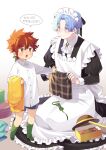  2boys :o absurdres apron blue_eyes blue_hair box dress hasegawa_langa hat highres kyan_reki long_sleeves maid maid_day maid_headdress male_focus multiple_boys open_mouth orange_eyes red_hair shirt short_hair sk8_the_infinity smile translation_request uppi white_shirt 