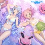  2girls absurdres afloat ball bangs beachball bikini bikini_under_clothes blue_bikini blue_hair breasts copyright copyright_name green_eyes grey_eyes gundam gundam_breaker_mobile haro hat hat_removed headwear_removed highres holding holding_ball holding_beachball kotomori_ran large_breasts light_blue_hair long_hair lying mature_female miyama_sana multiple_girls navel open_mouth partially_submerged pink_hair promotional_art purple_eyes reaching_out reflection ripples sanakapool see-through shirt sun_hat swimsuit taiki_(luster) thighs two_side_up very_long_hair water wet wet_clothes wet_shirt white_shirt yellow_bikini zaku_ii_s_char_custom 