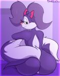  accessory anthro big_butt bow_ribbon breasts butt davidsanchan female fifi_la_fume fur hair_accessory hair_bow hair_ribbon hi_res looking_back mammal mephitid nude pink_nose purple_body purple_fur ribbons sitting skunk solo tail_hug tiny_toon_adventures warner_brothers 