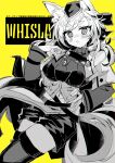  1girl animal_ears arknights breasts fjsk greyscale_with_colored_background hand_on_hip highres large_breasts long_hair looking_at_viewer parted_lips solo tail whislash_(arknights) yellow_background 