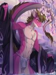  2021 abs anthro asian_clothing bottomwear branch brown_hair bulge cherry_blossom cherry_blossom_tree cherry_tree claws clothed clothing detailed_background diandre digital_media_(artwork) dragon east_asian_clothing el-ricado eyebrows fruit_tree hair holding_clothing holding_object horn hot_spring japanese_clothing kimono loincloth long_tail looking_at_viewer male mammal maned_dragon maned_tail mostly_nude multicolored_body navel onsen partially_clothed partially_submerged pecs pink_body plant raised_arm raised_tail red_eyes reptile scalie solo tree two_tone_body water watermark wet wet_clothing wet_legs withe_body 