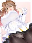  1girl blush breasts brown_eyes brown_hair commentary_request from_below gloves hisui_(stapspats) large_breasts long_hair open_mouth panties satou_sasara side_ponytail thighhighs underwear voiceroid white_gloves white_panties 