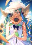  1girl aqua_eyes aqua_hair blue_sky cloud commentary_request day dress flower hair_between_eyes hat hatsune_miku holding holding_flower long_hair looking_at_viewer outdoors sky sleeveless sleeveless_dress solo straw_hat sunflower unowen vocaloid white_dress yellow_headwear 