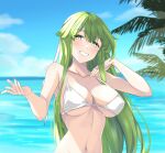  1girl bangs bare_arms bare_shoulders bikini blue_sky blush breasts chuu_(rinet) cloud collarbone commentary_request day fire_emblem fire_emblem:_shadow_dragon_and_the_blade_of_light green_eyes green_hair grin hands_up highres jewelry large_breasts long_hair looking_at_viewer navel ocean outdoors palla_(fire_emblem) ring sky smile solo stomach swimsuit upper_body very_long_hair water white_bikini 