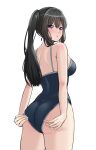 1girl absurdres adjusting_clothes adjusting_swimsuit alternate_hairstyle ass bang_dream! bangs bare_arms bare_shoulders black_hair blue_one-piece_swimsuit blush breasts commentary competition_school_swimsuit cowboy_shot from_behind hands_on_own_ass highres long_hair looking_at_viewer looking_back medium_breasts one-piece_swimsuit parted_lips ptal purple_eyes raised_eyebrow school_swimsuit shirokane_rinko shoulder_blades sidelocks simple_background solo standing swimsuit twintails white_background 