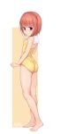  1girl absurdres aomoro ass bangs bare_legs barefoot blunt_bangs blush braid breasts closed_mouth copyright_request crown_braid from_side full_body highres looking_at_viewer looking_to_the_side medium_hair orange_hair purple_eyes simple_background small_breasts smile solo standing swimsuit yellow_one-piece_swimsuit 