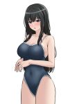  1girl armpit_crease bang_dream! bangs bare_arms bare_shoulders black_hair blue_one-piece_swimsuit blush breasts cleavage collarbone commentary competition_school_swimsuit covered_navel cowboy_shot hands_up highres long_hair looking_at_viewer medium_breasts nose_blush one-piece_swimsuit own_hands_together parted_lips ptal purple_eyes raised_eyebrows school_swimsuit shirokane_rinko sideboob sidelocks simple_background solo standing swimsuit white_background 