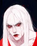  1girl azure_meraki bangs blood blood_from_eyes carmilla_(castlevania) castlevania castlevania_(netflix) closed_mouth colored_sclera colored_skin dated dress grey_eyes highres lipstick long_hair looking_at_viewer makeup pale_skin parted_bangs portrait red_dress red_lips red_sclera signature solo white_hair white_skin 