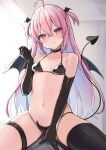  1girl :d absurdres ahoge arm_support asymmetrical_legwear bangs bat_wings bikini black_bikini black_gloves black_thighhighs black_wings blush breasts cleavage closed_mouth collar commentary_request demon_girl demon_tail elbow_gloves girl_on_top gloves head_wings heart heart_ahoge highres indoors long_hair looking_at_viewer mismatched_legwear multiple_wings navel okiq original pink_eyes pink_hair simple_background sitting small_breasts smile solo_focus sweat swimsuit tail thigh_strap thighhighs tongue tongue_out two_side_up white_background wings 