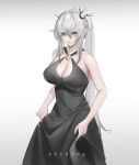  1girl absurdres arknights bare_arms bare_shoulders blush breasts character_name cleavage cleavage_cutout clothes_lift clothing_cutout collarbone cowboy_shot dress dress_lift grey_eyes grey_hair highres horns large_breasts long_hair looking_at_viewer parted_lips pointy_ears ponytail shining_(arknights) simple_background sleeveless sleeveless_dress solo very_long_hair white_background yuanqi_(chriu) 