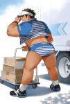  1boy adjusting_clothes adjusting_headwear ass bara blue_male_underwear blue_shirt briefs car cropped_shirt dark-skinned_male dark_skin edge_(brand) from_behind full_body grin ground_vehicle headwear_request kuro_nezumi_inu looking_at_viewer male_focus male_underwear motor_vehicle muscular muscular_male open_clothes open_shirt original package second-party_source shirt shoes short_hair sideburns smile sneakers socks solo thick_thighs thighs underwear 