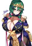 1girl absurdres arms_behind_back blush braid breasts byleth_(fire_emblem) byleth_(fire_emblem)_(female) cleavage cosplay fire_emblem fire_emblem:_three_houses fire_emblem_heroes green_eyes green_hair highres huge_breasts medium_hair official_alternate_costume simple_background solo sothis_(fire_emblem) sothis_(fire_emblem)_(cosplay) tagme tiamat_(momokuri_mannen) white_background 