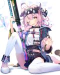 1girl ;d animal_ears arknights bangs belt black_choker black_hairband black_skirt braid cat_ears cat_girl cat_tail choker claw_pose coat floating floating_object goldenglow_(arknights) hair_over_shoulder hairband highres holding holding_staff id_card knee_up lightning_bolt_print long_hair long_sleeves looking_at_viewer messy_hair miniskirt one_eye_closed open_clothes open_coat open_mouth pi_(p77777778) pink_coat pink_footwear scissors shirt shoes simple_background single_braid sitting skirt smile sneakers solo staff tail thighhighs white_background white_shirt white_thighhighs yellow_eyes 