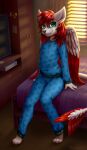  anthro artist_name bed black_nose bloominglynx blue_bottomwear blue_clothing blue_topwear bottomwear closed_smile clothing feathered_wings feathers female front_view furniture glistening glistening_eyes glistening_hair glistening_nose green_eyes hair hi_res inside looking_at_viewer mouth_closed on_bed pajamas rachel_dash_dashner red_body red_feathers red_hair sitting smile solo television topwear two_tone_wings white_body white_ears white_feathers white_wings wings 