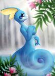  1:1 bloominglynx blue_body blue_breasts blue_eyes blue_tail blurred_background blurred_foreground blush eyelashes female flower hi_res pink_flower plant side_view solo species_request standing water waterfall 