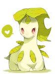  bayleef blush closed_mouth commentary english_commentary full_body green_theme happy heart leaf looking_at_viewer pokemon pokemon_(creature) puddingx2 red_eyes simple_background sitting smile speech_bubble spoken_heart white_background 