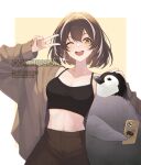 1girl ;d arknights bangs bird black_hair black_pants breasts camisole cellphone cleavage collarbone commission crop_top grey_jacket highres jacket long_sleeves looking_at_viewer magallan_(arknights) medium_breasts midriff multicolored_hair navel one_eye_closed open_clothes open_jacket open_mouth pants penguin phone short_hair smartphone smile solo spaghetti_strap stomach streaked_hair upper_body v velephyr white_hair yellow_eyes 