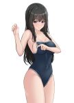  1girl absurdres adjusting_clothes adjusting_swimsuit armpit_crease bang_dream! bangs bare_arms bare_shoulders black_hair blue_one-piece_swimsuit blush breasts cleavage collarbone commentary competition_school_swimsuit covered_navel cowboy_shot groin hands_up highres large_breasts long_hair looking_at_viewer one-piece_swimsuit parted_lips ptal purple_eyes raised_eyebrows school_swimsuit shirokane_rinko sideboob sidelocks simple_background solo standing swimsuit white_background 