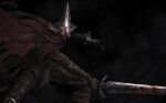  1other abyss_watcher armor attack azure_meraki black_background boots brown_footwear brown_gloves cape chainmail dark_souls_(series) dark_souls_iii floating_cape gloves helmet highres holding holding_sword holding_weapon red_cape slashing solo sword thigh_boots weapon 