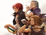  3boys black_hair character_request cigarette commentary_request highres holding holding_sword holding_weapon looking_to_the_side male_focus multiple_boys muscular oekakiboya one_piece pirate red_hair shanks_(one_piece) short_hair simple_background smile smoke smoking sword weapon 