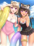  2girls :d animal_ear_fluff animal_ears armlet bangs bare_shoulders beach black_hair black_one-piece_swimsuit blue_sky blunt_bangs breasts cat_ears cat_girl cat_tail cleavage cloud collarbone commentary dark-skinned_female dark_skin day fang frilled_swimsuit frills hairband hand_up highres innertube jewelry light_brown_hair looking_at_viewer maid_headdress medium_breasts multiple_girls neck_ring one-piece_swimsuit open_mouth original outdoors pendant pink_eyes pink_one-piece_swimsuit purple_eyes sasaame scrunchie short_hair skin_fang sky smile swimsuit tail thigh_scrunchie thighs underbust water wrist_scrunchie yellow_hairband 