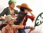  3boys black_hair commentary_request green_hair hat highres holding holding_sword holding_weapon male_focus monkey_d._luffy multiple_boys muscular net oekakiboya one_piece open_mouth roronoa_zoro scar short_hair simple_background smile straw_hat sword toned toned_male usopp weapon white_background 