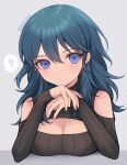  1girl ? bangs banned_artist bare_shoulders black_sweater blue_eyes blue_hair breasts byleth_(fire_emblem) byleth_(fire_emblem)_(female) cleavage cleavage_cutout clothing_cutout fire_emblem fire_emblem:_three_houses grey_background hair_between_eyes hands_up highres long_hair long_sleeves ribbed_sweater shimizu_akina shoulder_cutout simple_background solo sweater 