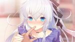  1girl bangs blue_eyes blurry blurry_background blush collarbone floating_hair game_cg hair_between_eyes honda_tamanosuke jewelry lens_flare licking licking_finger long_hair momiji_to_one_room necklace purple_shirt shirt solo_focus suzakuin_momiji white_hair 