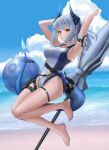  1girl absurdres arknights arm_strap ball barefoot beach beachball blue_one-piece_swimsuit blue_sky blue_umbrella cellphone cloud cloudy_sky covered_navel day dragon_horns dragon_tail earbuds earphones full_body highres holster horns liskarm_(arknights) multicolored_clothes multicolored_swimsuit one-piece_swimsuit phone sky smartphone solo sthk swimsuit tail thigh_strap umbrella white_one-piece_swimsuit 