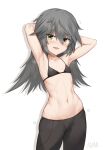  1girl absurdres alice_gear_aegis aomoro armpits arms_up black_shorts flat_chest grey_hair hair_between_eyes highres long_hair lowleg lowleg_shorts micro_bra navel open_mouth shinonome_chie shorts simple_background skindentation solo yellow_eyes 