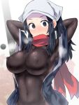  1girl akari_(pokemon) blue_eyes blue_hair bodystocking breasts covered_nipples heavy_breathing hisui_(stapspats) impossible_clothes indoors large_breasts long_hair looking_at_viewer navel pokemon pokemon_(game) pokemon_legends:_arceus scarf stomach 