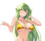  1girl bangs bare_arms bare_shoulders bikini blush breasts chuu_(rinet) collarbone commentary_request fire_emblem fire_emblem:_shadow_dragon_and_the_blade_of_light green_eyes green_hair grin hands_up highres jewelry large_breasts long_hair looking_at_viewer navel palla_(fire_emblem) ring simple_background smile solo stomach swimsuit tan upper_body very_long_hair white_background yellow_bikini 