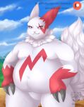  anthro belly better_version_at_source chubby_anthro chubby_male claws digital_media_(artwork) fur generation_3_pokemon hi_res kotezio looking_at_viewer male mammal markings nintendo outside overweight overweight_anthro overweight_male pokemon pokemon_(species) smile solo text thick_thighs url video_games white_body white_fur zangoose 