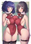  2girls asymmetrical_docking bangs bare_shoulders bell black_hair blue_eyes blue_hair blunt_bangs blush border breast_press brown_thighhighs closed_mouth collarbone commission covered_navel flying_sweatdrops fur-trimmed_gloves fur_trim gloves grey_border hair_between_eyes heart highres leotard looking_at_viewer multiple_girls neck_bell original polka_dot red_eyes red_gloves red_leotard red_ribbon ribbon see-through short_hair skeb_commission skindentation smile striped sweat sweatdrop thigh_strap thighhighs trente twintails twitter_username 