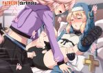  2boys anal anus_cutout astolfo_(fate) astolfo_(memories_at_trifas)_(fate) bed bike_shorts blonde_hair blush braid braided_ponytail bridget_(guilty_gear) clothed_sex covered_nipples crop_top crossdressing crossover darkmaya erection fate/apocrypha fate/grand_order fate_(series) guilty_gear guilty_gear_strive hood jacket josou_seme male_focus missionary multiple_boys otoko_no_ko paid_reward_available patreon_username penis penis_outside pink_hair skirt speed_lines spread_legs torn_bike_shorts torn_clothes trait_connection yaoi 
