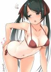  1girl bare_arms bare_legs bare_shoulders bikini black_eyes black_hair blush breasts brown_bikini collarbone cowboy_shot kantai_collection long_hair medium_breasts mikuma_(kancolle) navel open_mouth simple_background solo swimsuit takase_muh tan tanlines twintails twitter_username white_background 