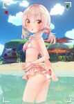  1girl adjusting_clothes adjusting_swimsuit alternate_costume arched_back ass bangs battery_indicator beach bikini blue_sky blush cloud cloudy_sky feet_out_of_frame flat_chest frilled_bikini frills from_side genshin_impact highres klee_(genshin_impact) long_hair looking_at_viewer looking_to_the_side low_twintails open_mouth orange_eyes outdoors pan_(pixiv41343614) pink_bikini pink_hair pointy_ears recording shiny shiny_hair shiny_skin sidelocks sky solo swimsuit twintails viewfinder wading water 