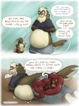  2022 anthro ashley_(themuffinly) belly belly_squish big_belly domestic_ferret duo english_text female hi_res internal lying male mammal mouse muffin_(themuffinly) murid murine mustela mustelid musteline on_front rodent safe_vore size_difference slightly_chubby squish text themuffinly true_musteline vore 