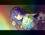  1girl bad_anatomy bad_neck blue_eyes blue_hair cloak dress hair_between_eyes hairband highres long_sleeves multicolored_clothes multicolored_dress multicolored_hairband open_mouth patchwork_clothes rainbow_gradient short_hair sky_print solo tenkyuu_chimata touhou white_cloak xiebaowang 