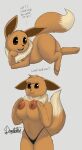  2020 anthro anthrofied areola big_breasts black_nose breast_squish breasts brown_areola brown_nipples clothed clothing dialogue digital_media_(artwork) dipstick_tail doggomeatball eevee english_text female feral generation_1_pokemon hi_res looking_at_viewer lying markings mostly_nude nintendo nipples on_side pokemon pokemon_(species) simple_background skimpy solo squish tail_markings talking_to_viewer text underwear video_games 