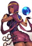  1girl ass blue_eyes bob_cut bracer crystal_ball dark-skinned_female dark_skin fingerless_gloves from_side gloves headband hungry_clicker lips menat purple_hair short_hair simple_background smile solo street_fighter street_fighter_v thighs white_background 