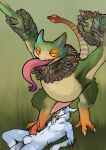  anthro bird_wyvern blush bodily_fluids canid canine canis capcom duo genital_fluids genitals hi_res iynize lying male male/male mammal monster_hunter on_back penis penis_on_face precum pukei-pukei throbbing tongue tongue_out torakuta video_games wolf 